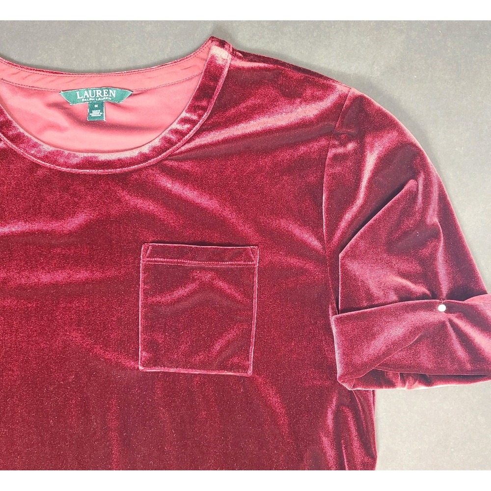 Lauren Ralph Lauren Velvet Top Womens Medium Burgundy Short Sleeve Pocket Tee